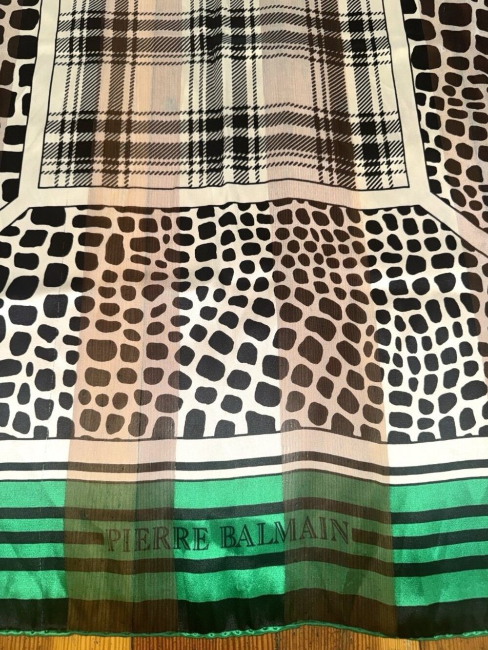 Vtg PIERRE BALMAIN SILK SCARF - Reptile Stripe Plaid - Green Black White 32x34"